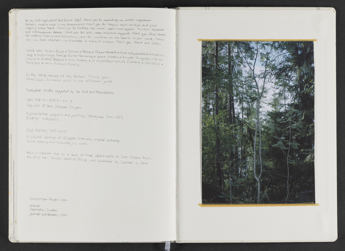 Kunstbok produsert av kunstner Sara Skorgan Teigen. Boken er håndskrevet og med innlimte fotografier, blyanttegninger, originale postivfotografier, silketrykk og tekstiltrykk. Førsteutgave kom ut i et opplag på 750 eksemplarer, og 10 eksemplarer kom i et begrenset opplag med originale verk, hvorav dette er # 2/10.