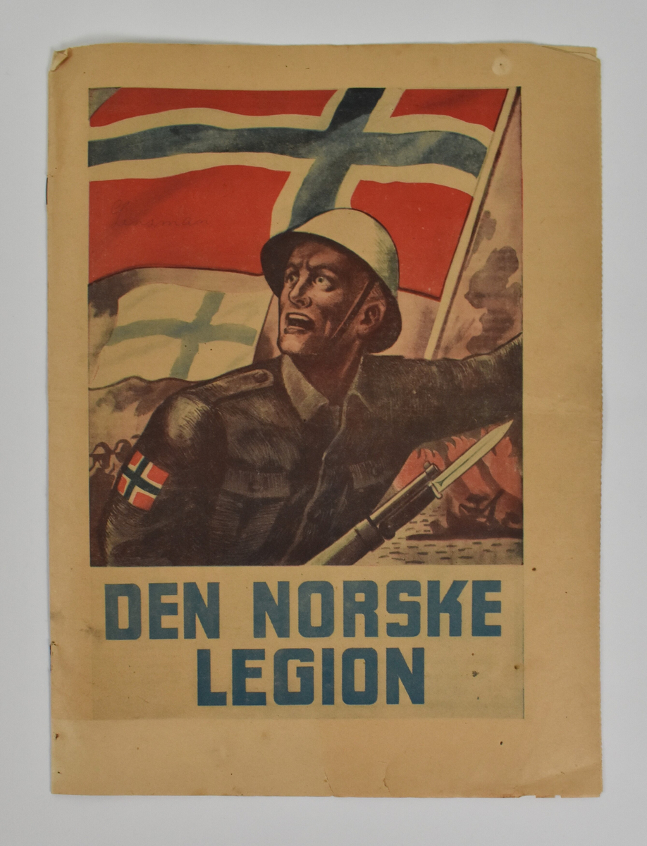 Soldat med norskt flagg på armen og i bakgrunnen