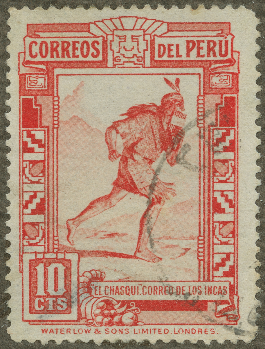 Frimärke ur Gösta Bodmans filatelistiska motivsamling, påbörjad 1950.
Frimärke från Peru, 1936. Motiv av "El Chasqui"-- Löpande Inca-kurir