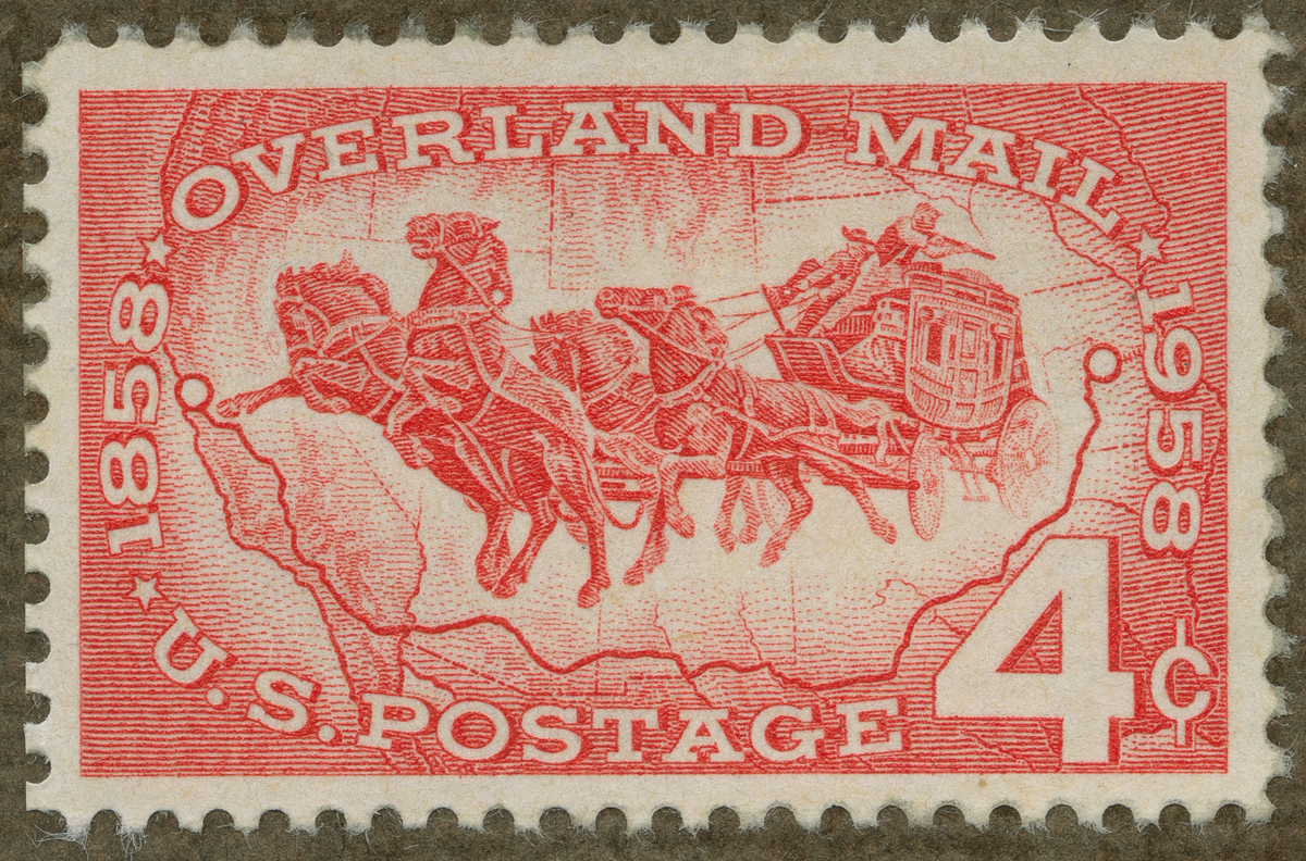 Frimärke ur Gösta Bodmans filatelistiska motivsamling, påbörjad 1950.
Frimärke från U.S.A., 1958. Motiv av Postdiligence med 4 hästar 100-årsminne av "Overland Mail" 1858-1958.