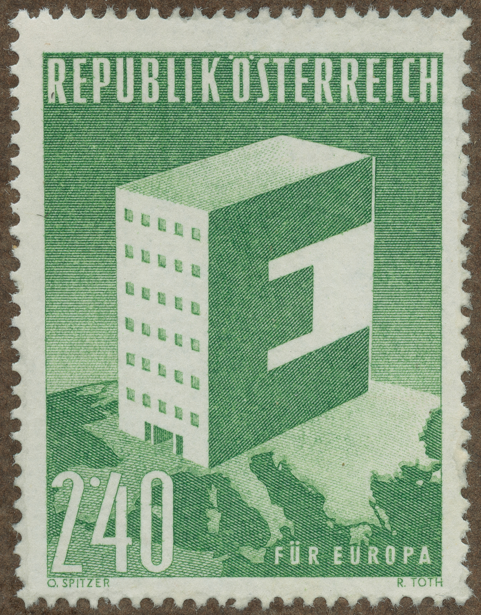 Frimärke ur Gösta Bodmans filatelistiska motivsamling, påbörjad 1950.
Frimärke från Österrike, 1959. Motiv av 6 våningsbyggnad i E-form E-symbol= För Europa