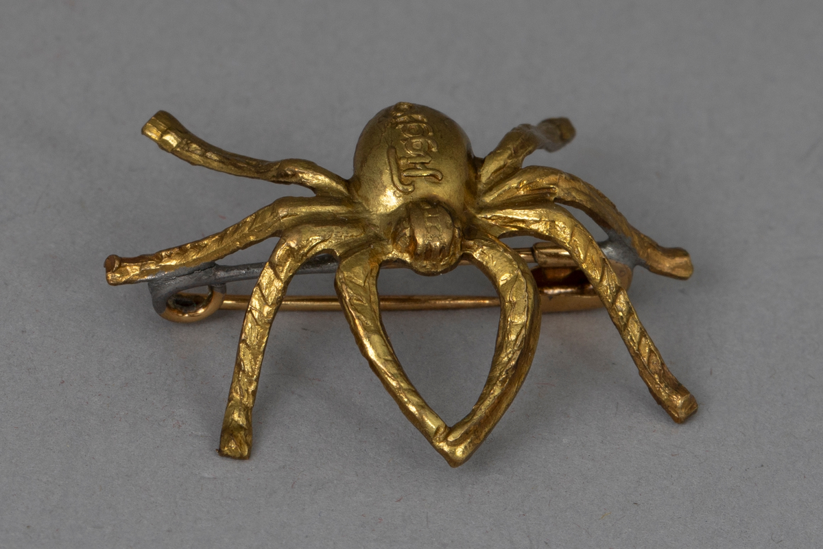 Brosje i gullfarget metall utformet som en plastisk edderkopp. Nål på baksiden. Brosjen var tilbehør til badedrakten NK1992-203, der den satt på venstre hofte.