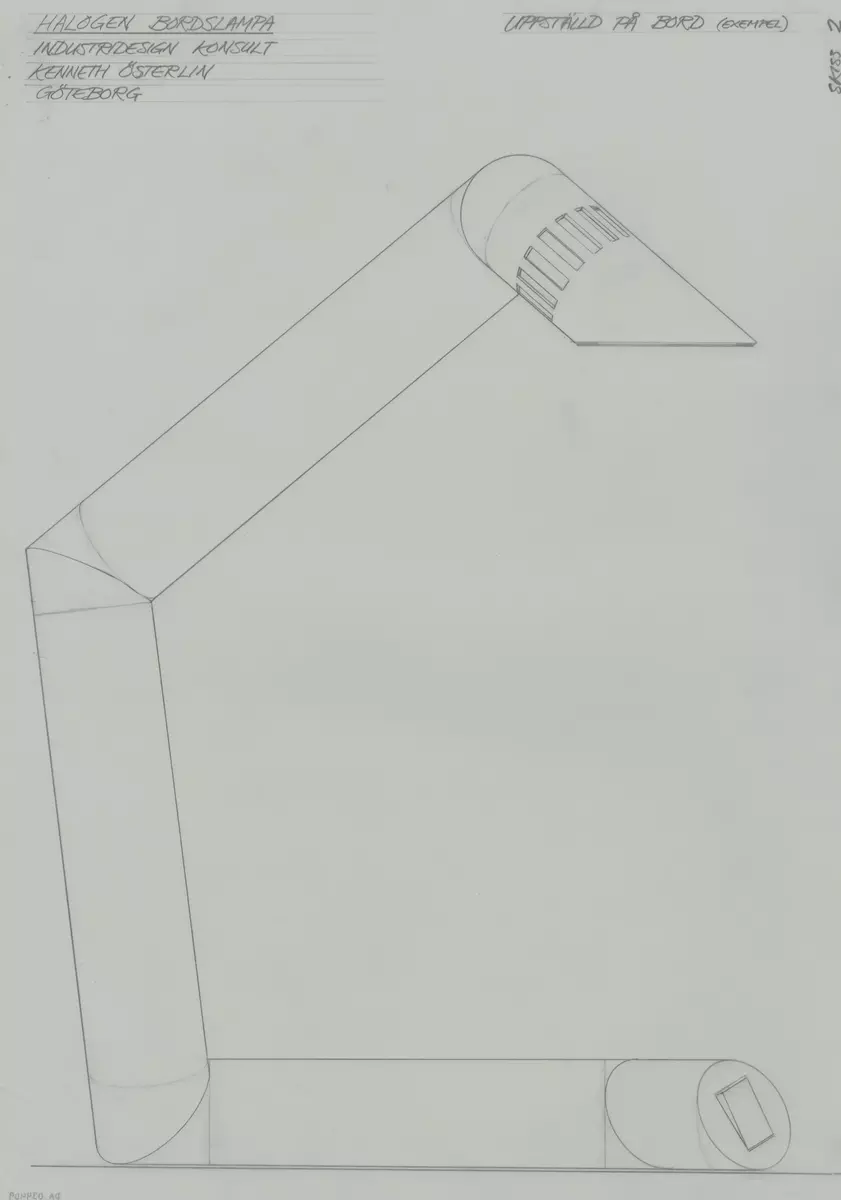 Skisser till en bordslampa med halogenbelysning. Lampan är tubformad med tre vridbara leder. Noteringarna föreslår olika tillverkningsalternativ, bl a för placering av elkomponenter.