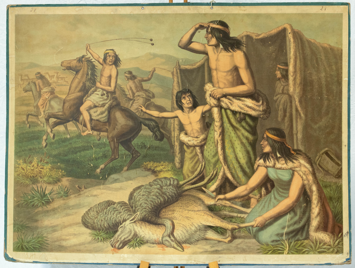 En mann ser på en gruppe jegere som løper etter en flokk dyr, en liten gutt klager på ham, samtidig sitter en kvinne klar til å sløye en fugl og et dyr.