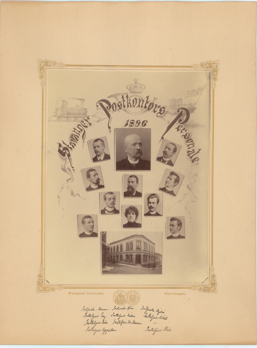 gruppebilde, personale, Stavanger postkontor, eksteriør, Stavanger postkontors personale 1896 1896, 