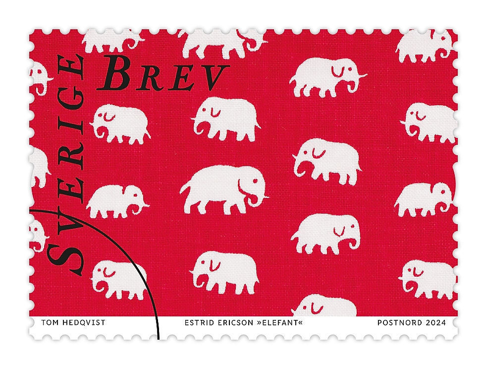 Estrid Ericson introducerade designmönstret "Elefant" på 1930-talet efter förlaga från Belgiska Kongo som här återbildas som ett av fem frimärken ur frimärkshäftet "Formklassiker". Ett av fem frimärken med fem olika motiv för inrikes Sverige brev.