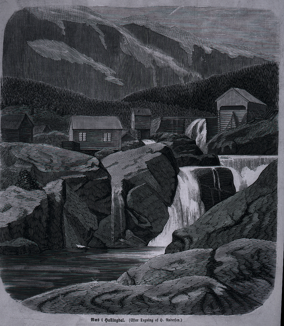 Rukkedalsfossen med møller og kvernhus. Etter tegning av H. Andersen i 1863
