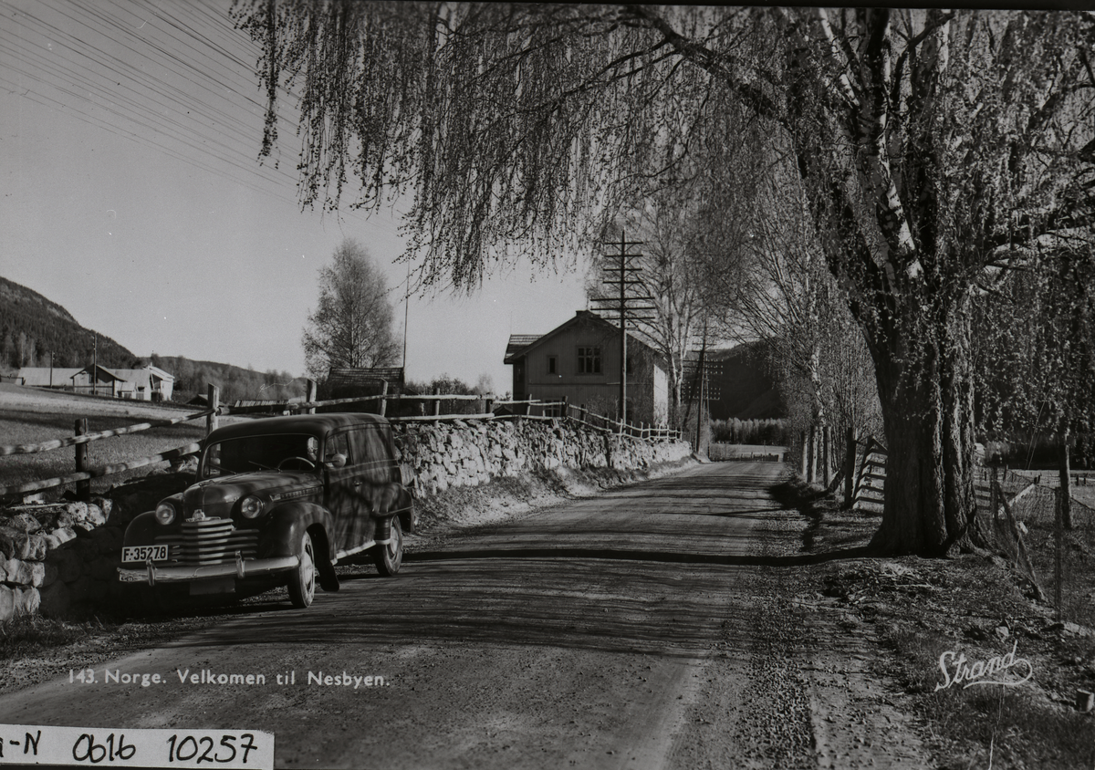 Riksvegen ved Wøllo. Wøllobjørka t.h. T.v. Huset til Knut Sandanbråten og jordet til Kristian Rasch. Bilen er en Opel varebil 1950-1952 modell.
