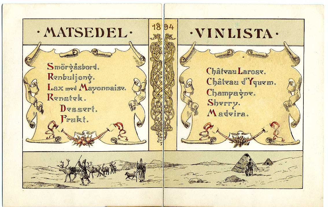 Matsedel och vinlista i två delar. Tryckt illustration av konstnären Max Hänel, daterat 1894, med landskapsvy, samer och renar samt texten "Gellivara d. 3 Aug. 1894."