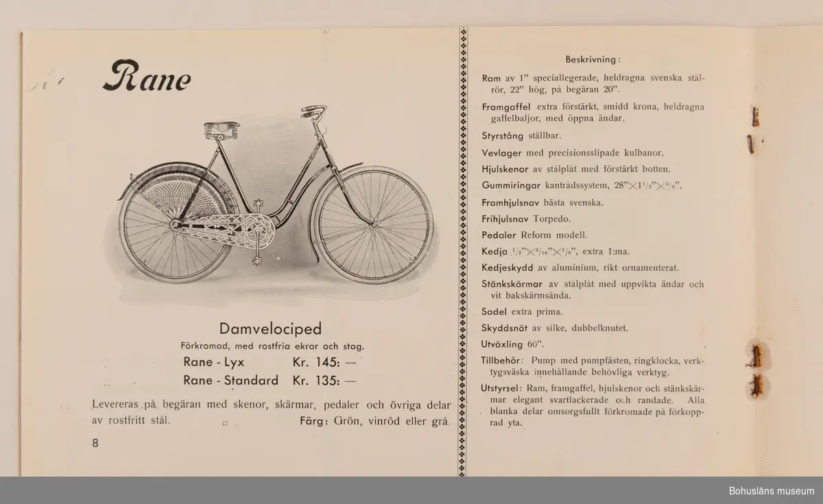 Reklamblad för cykelmärket Rane. Tillverkad i Uddevalla av Läckström & Widegren.