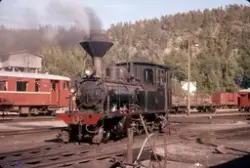 Setesdalsbanens damplokomotiv type XXI nr. 5 utenfor lokomot