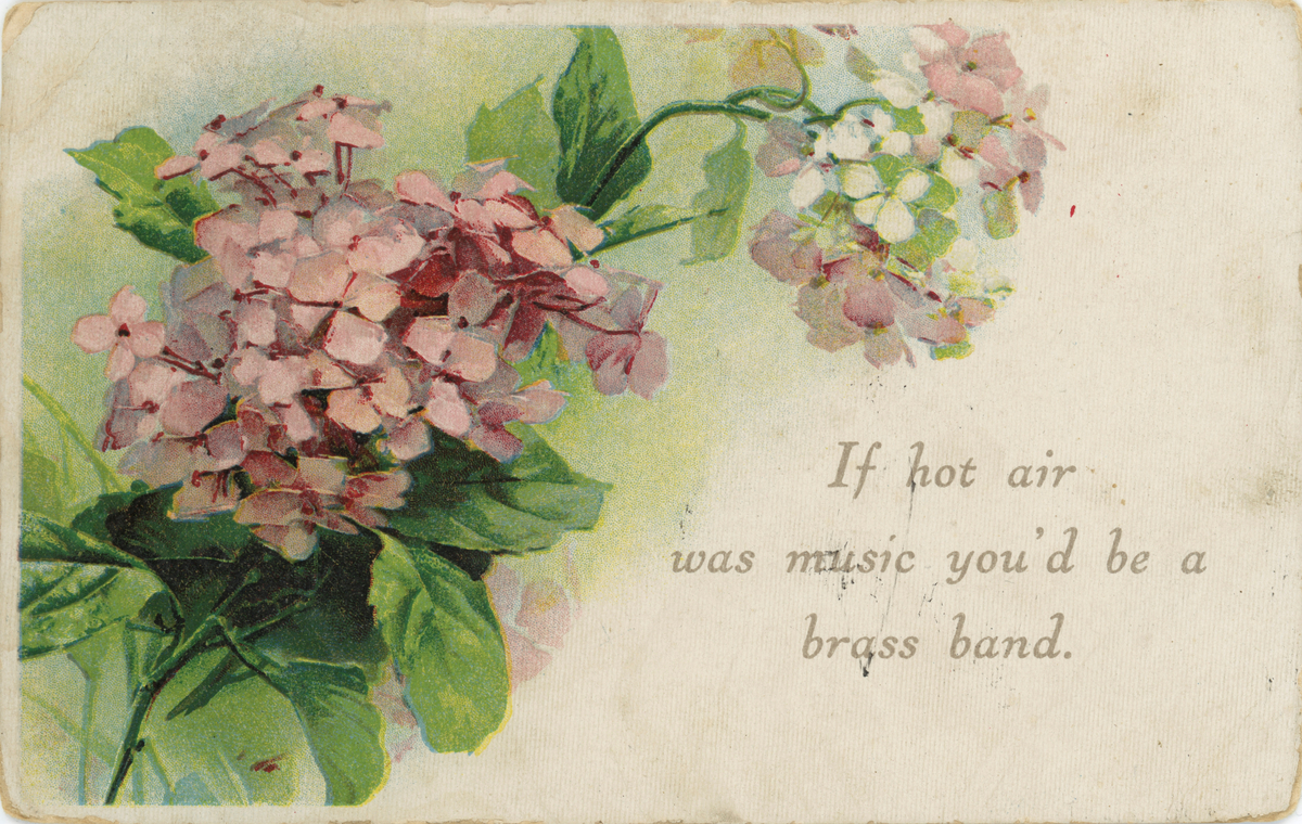 Poskort med illustrasjon av tekst og blomster