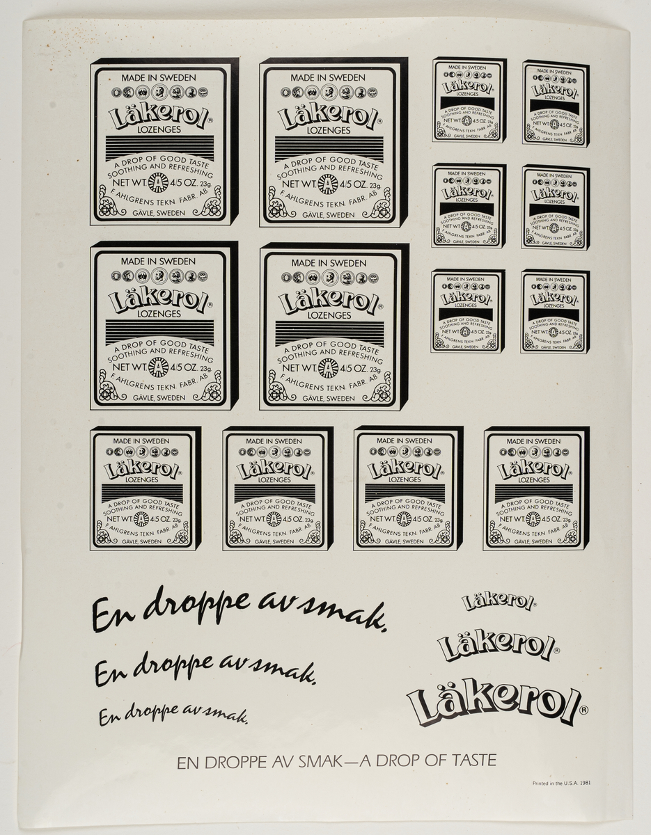 Reklamförpackning, papp, svart framsida, vit baksida. Innehåller försäljningsmaterial:  Läkerolaskar, reklambild, informationstext m.m. För den amerikanska marknaden 1979-1981.