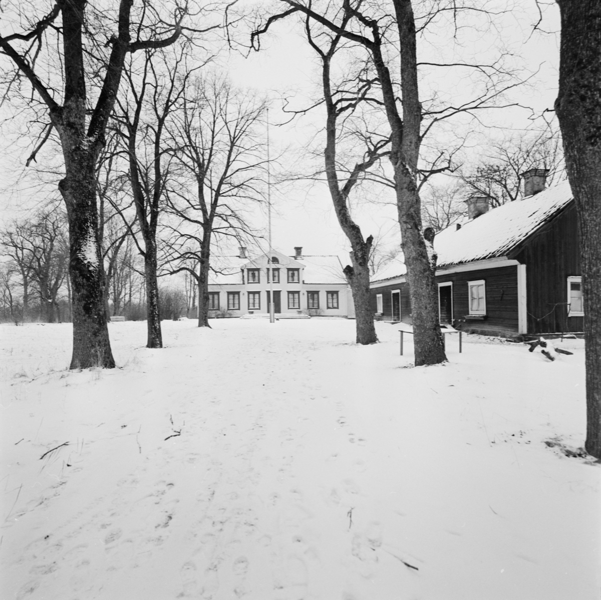 Huvudbyggnad och flygel, Björkby 5:3, Gamla Uppsala socken, Uppland januari 1958
