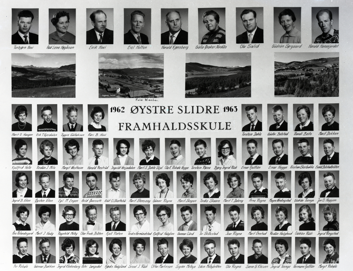 Klassebilete av elevar på Øystre Slidre Framhaldsskule 1962-63.
