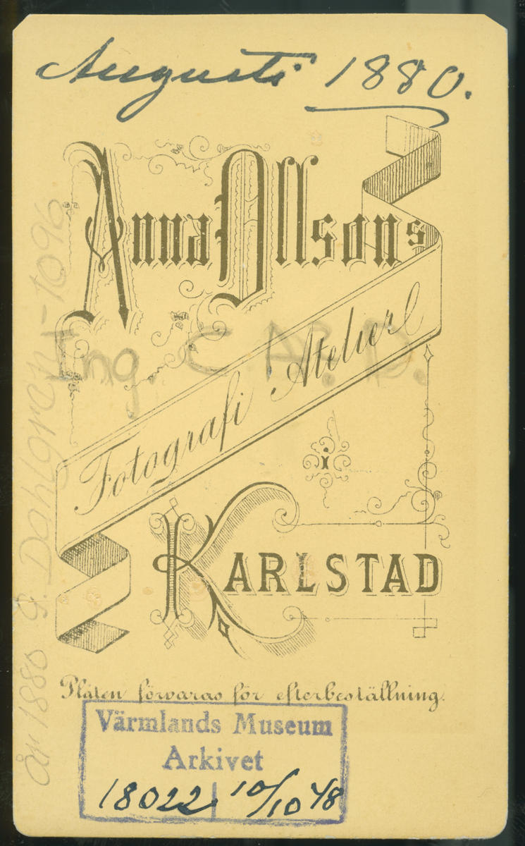 På kuvertet står följande information sammanställd vid museets första genomgång av materialet: Ing. Carl Aug. Dahlgren