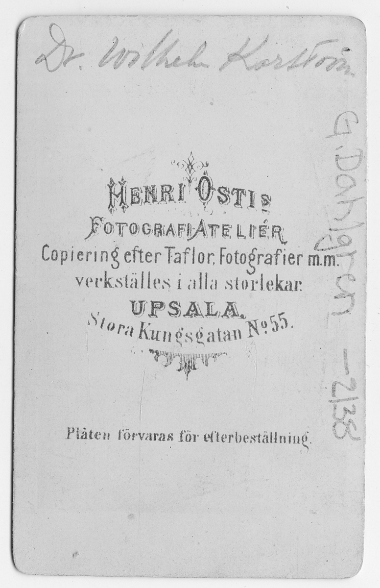 På kuvertet står följande information sammanställd vid museets första genomgång av materialet: Dr Vilhelm Karström