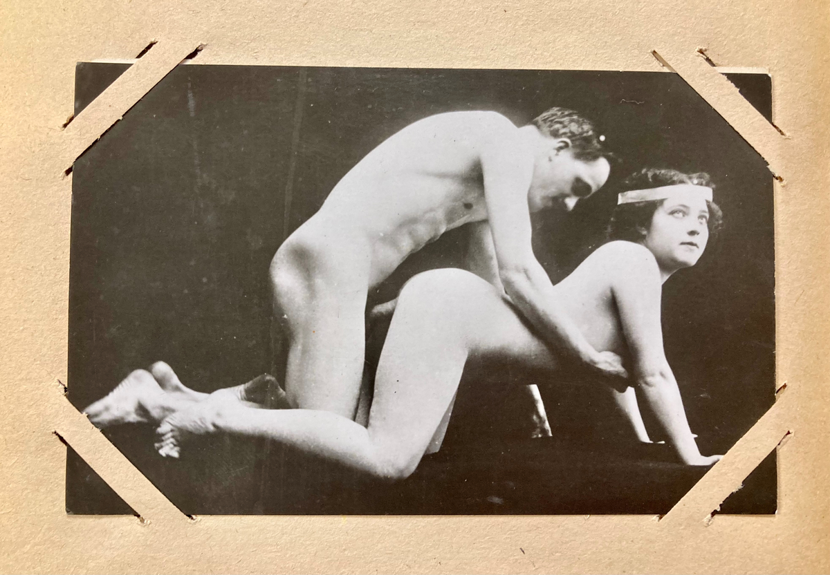131 pornografiske bilder i form av "franske postkort", i et rødt album med sølvfarget dekor på forsiden, som forestiller eikeløv, eikenøtter og en bronselur.