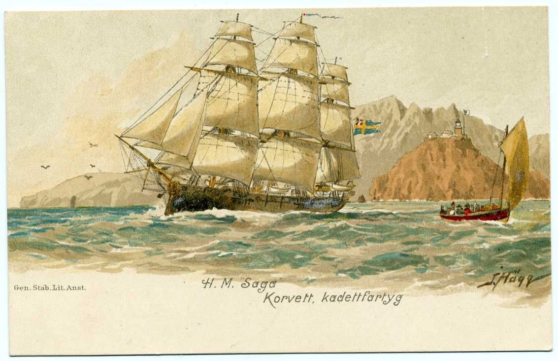 Liten litografi av J Hägg föreställande korvetten, kadettfartyget H. M. Saga.