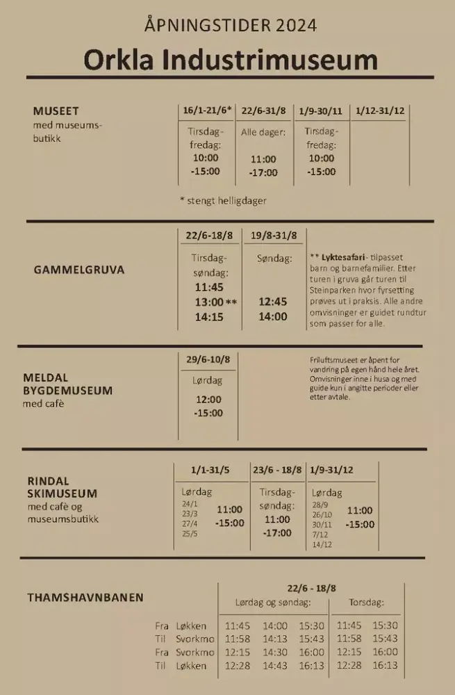 Bilde av tabell med åpningstider for 2024.