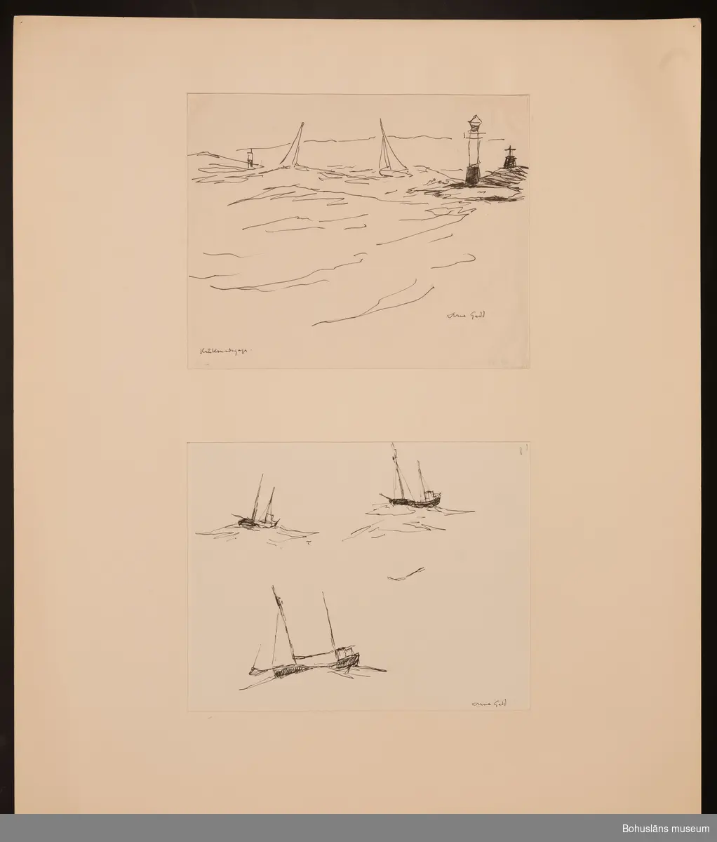 Kråsundsgap med sina fyrar, kummel och två seglare i hög sjö.
Tre båstudier av fraktskuta i hög sjö.