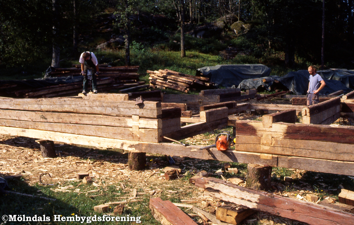 Bygge på Gunnebo i Mölndal, år 1996. Timmerstockarna sätts ihop på annat ställe än där huset senare skall stå. D 24:22.