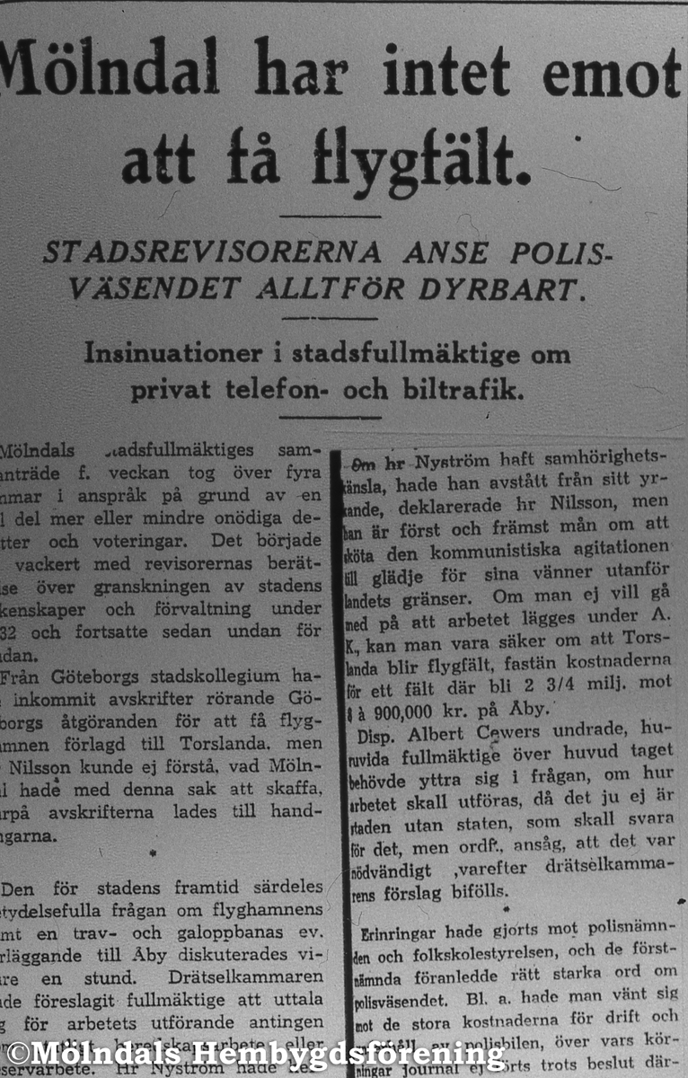 Mölndal vill ha flygfält 1933. Artikel i Göteborgs Trakten.