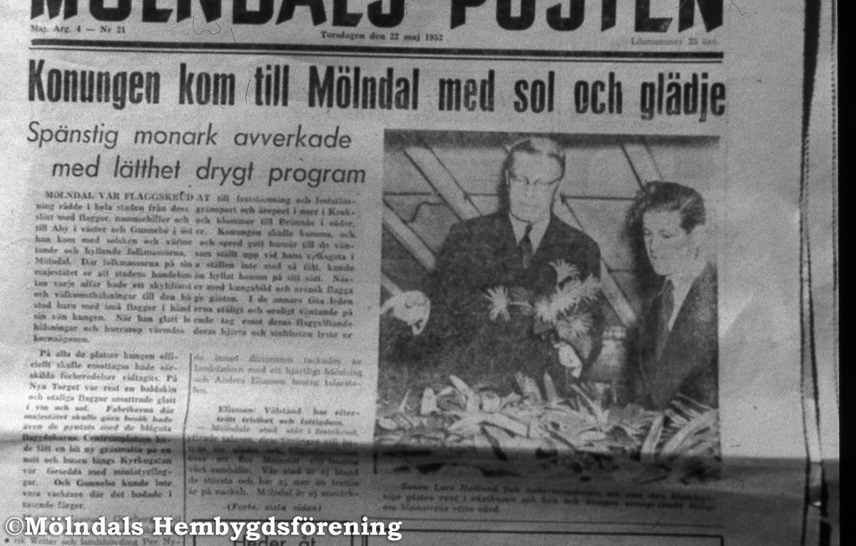 Gunnebo i Mölndal den 22 maj 1952. Artikel i Mölndals-Posten: Kungen kom till Mölndal med sol och glädje.