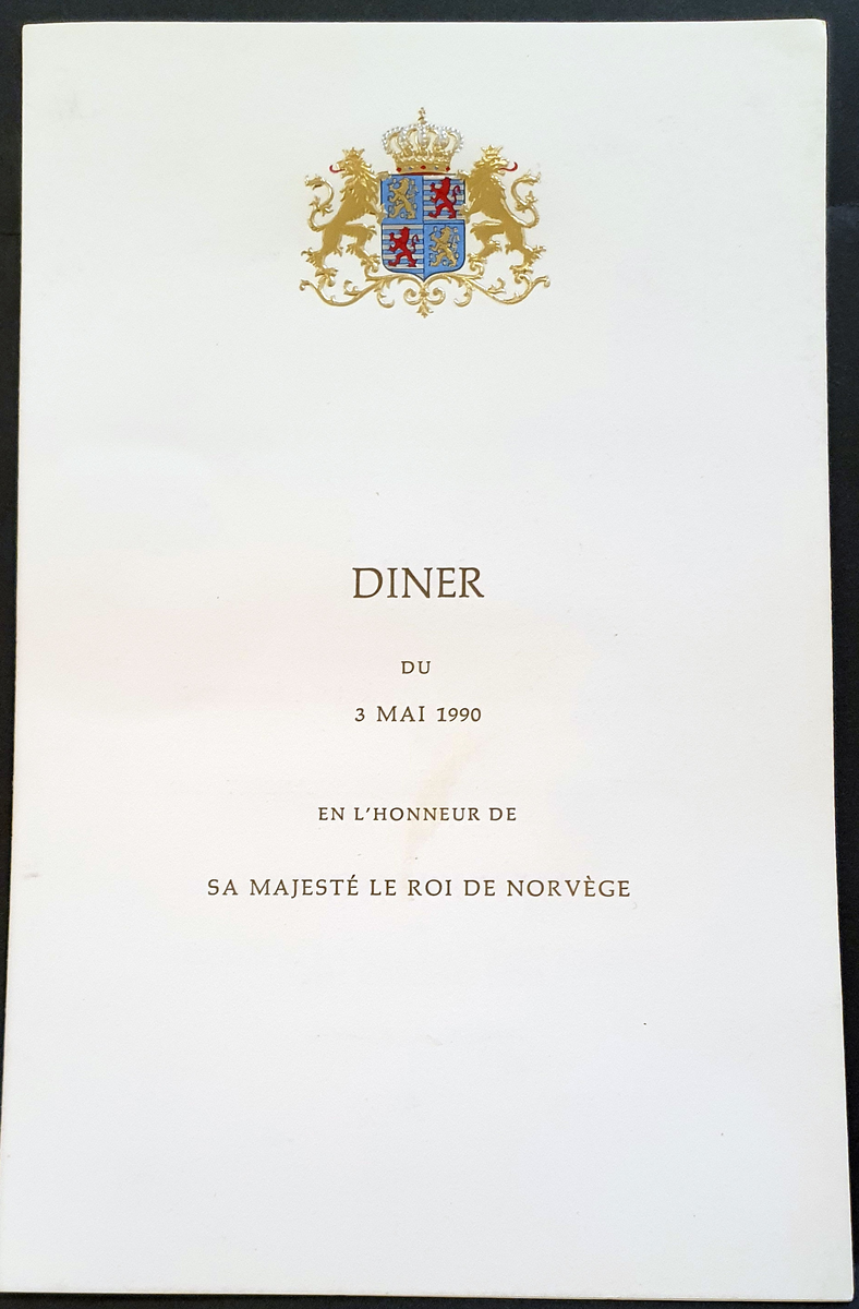 Meny for middag, holdt av Storhertugen i Luxemburg, til ære for Kong Olav V. Vedlagt følger Storhertugens tale på engelsk.