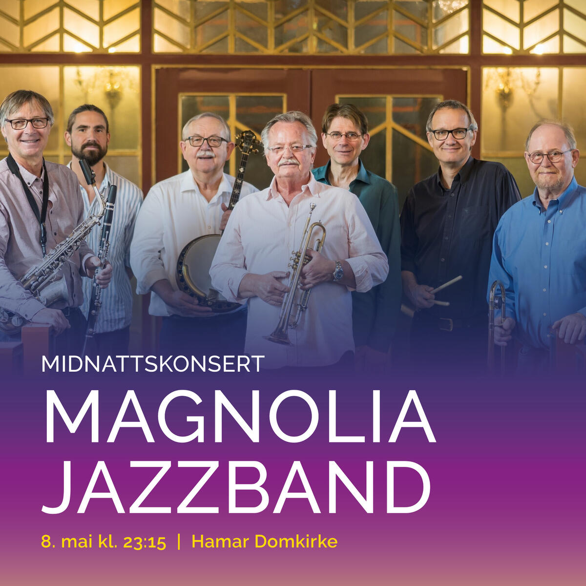 Plakat til Museumsnatt. Konsert med Magnolia Jazzband i Hamar Domkirke 8. mai 2024.