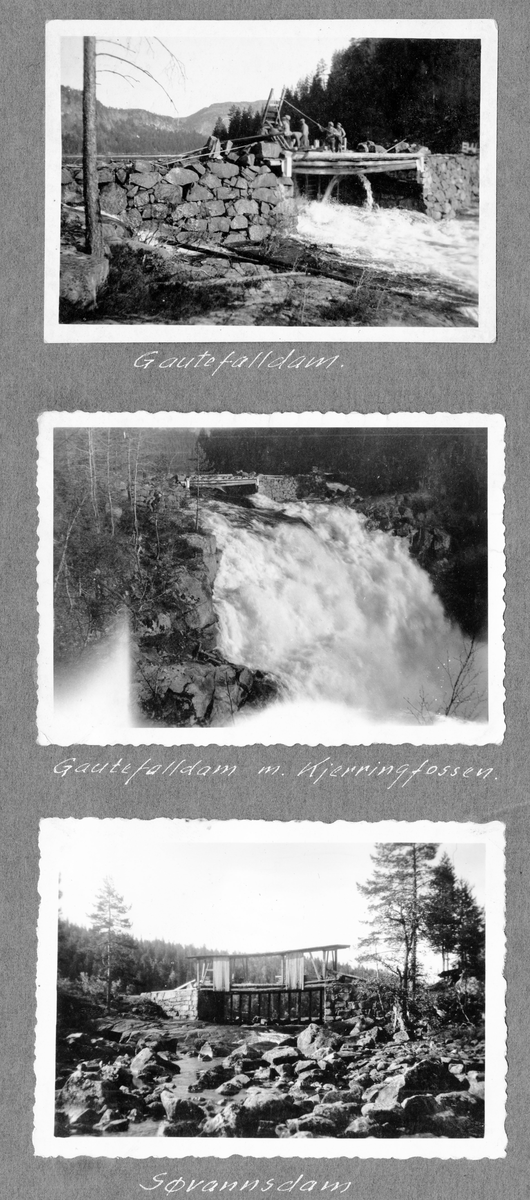 Fotografier av Kragerøvassdraget fra Kammerfoss, Dalsfoss til Tørdal og Kjosenvassdraget. 1930 til 1955. Dammer, fløting, sjøsetting av båt Bjaar II, fløterstue, osv.  145  fotografier i alt.