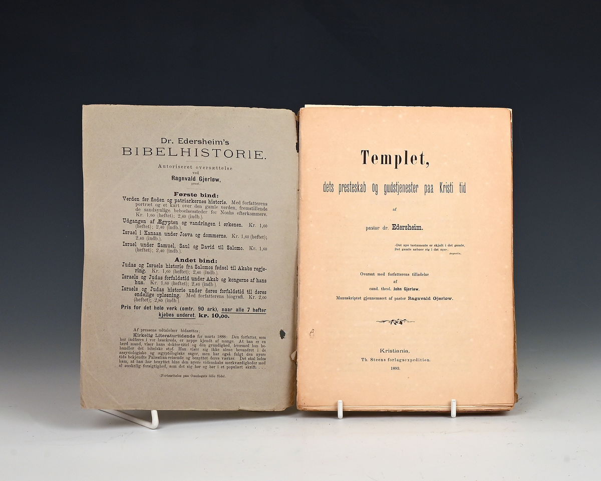 Edersheim, Dr. Templet, dets presteskab og gudstjenester paa Kristi tid. Overs. af John Gjerløw. Kr.a. 1893.
