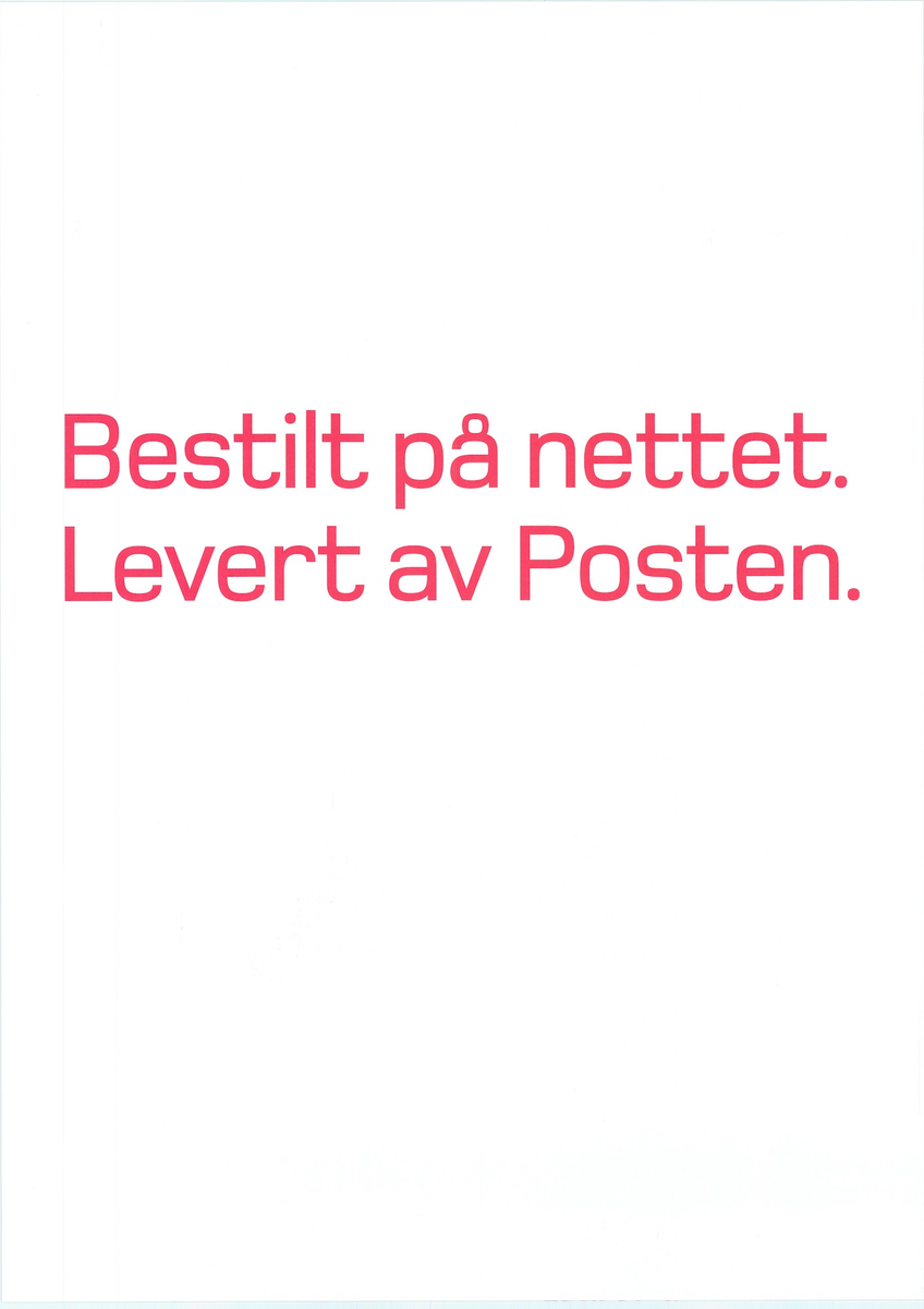 Tosidig plakat med bildemotiv på en side og rød tekst på hvit bakgrunn på andre side.