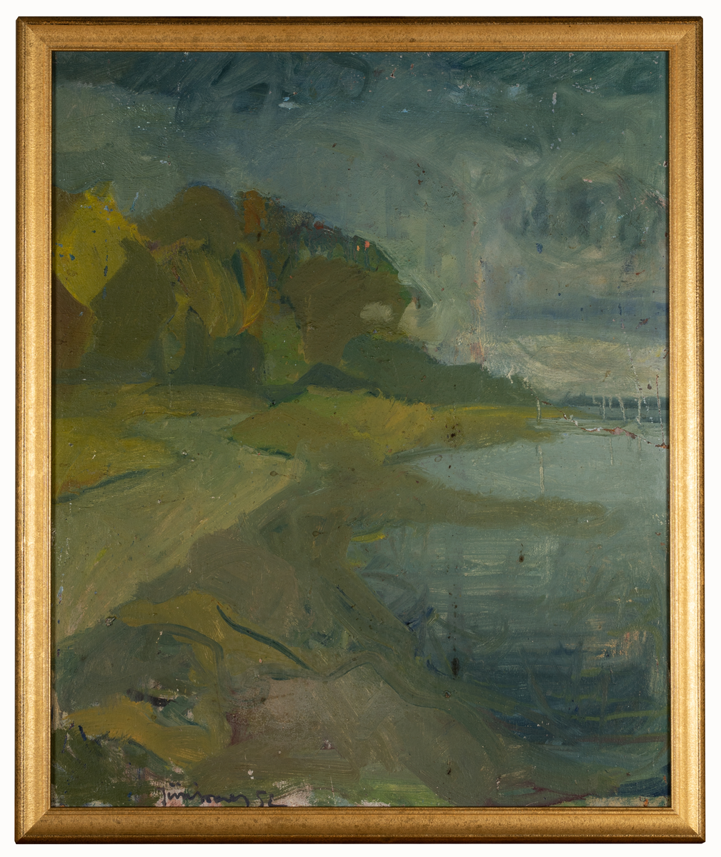 Landskap med vatten eller sjö till höger i lätt abstrakt stil. Målad av Harald Jürissaar 1952.