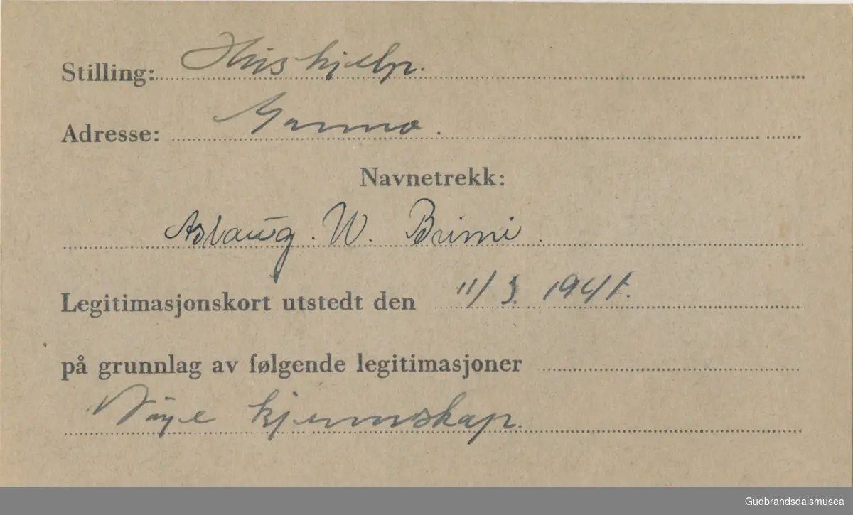 Brimi - Aslaug f.1925.
ID-kort utstedt 1941, Lom