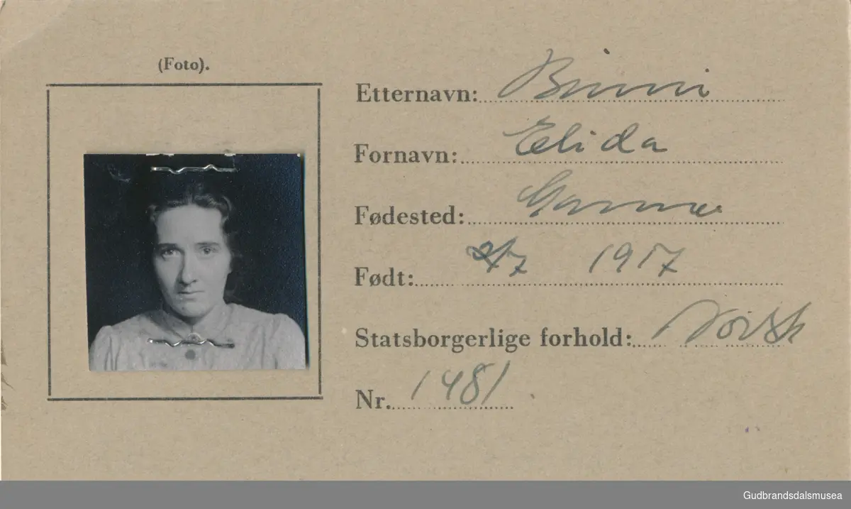 Brimi - Elida f.1917.
ID-kort utstedt 1941, Lom
