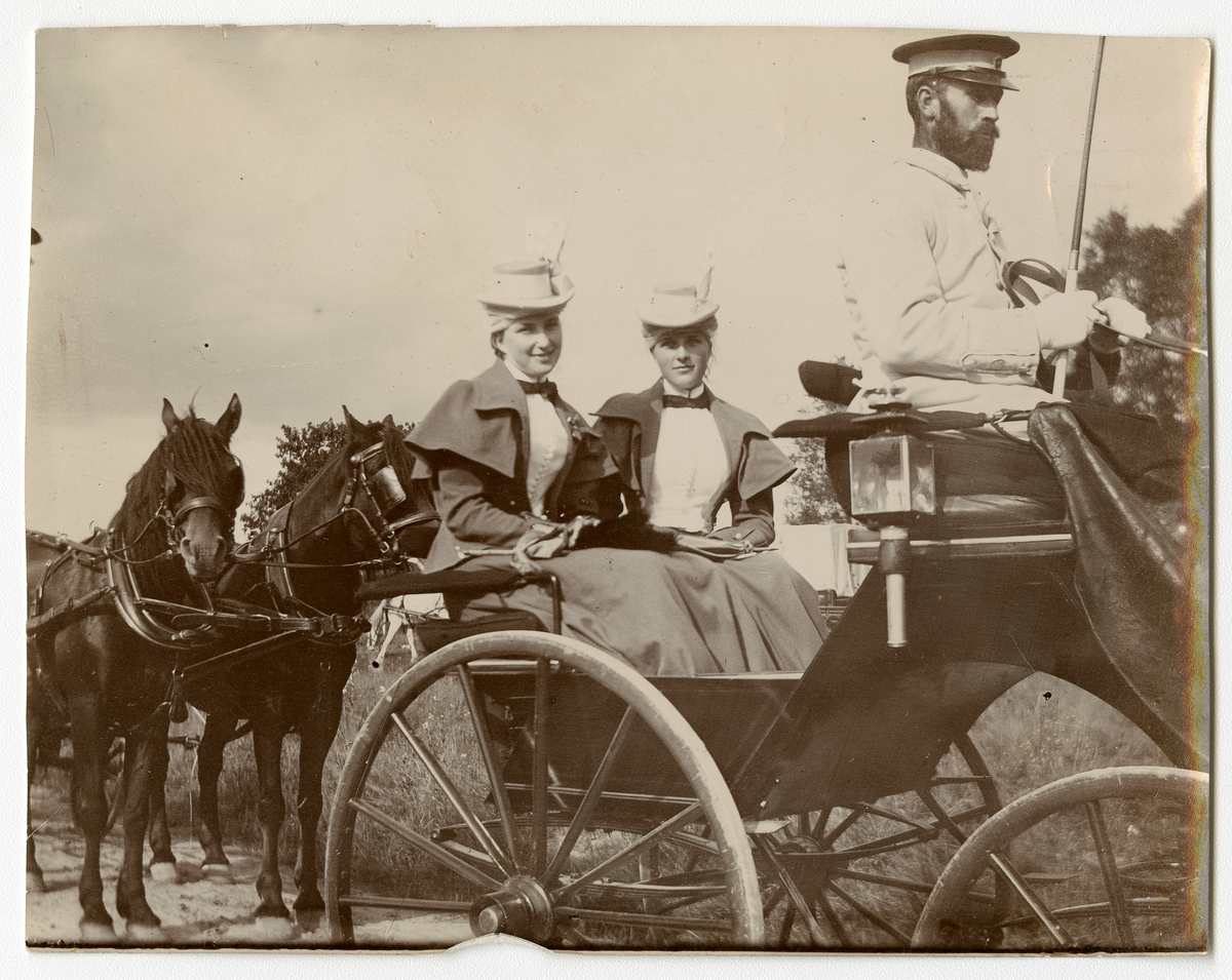 Portrettfoto av ukjente kvinner i vogn med hest og sjåfør, ca. 1890-tallet