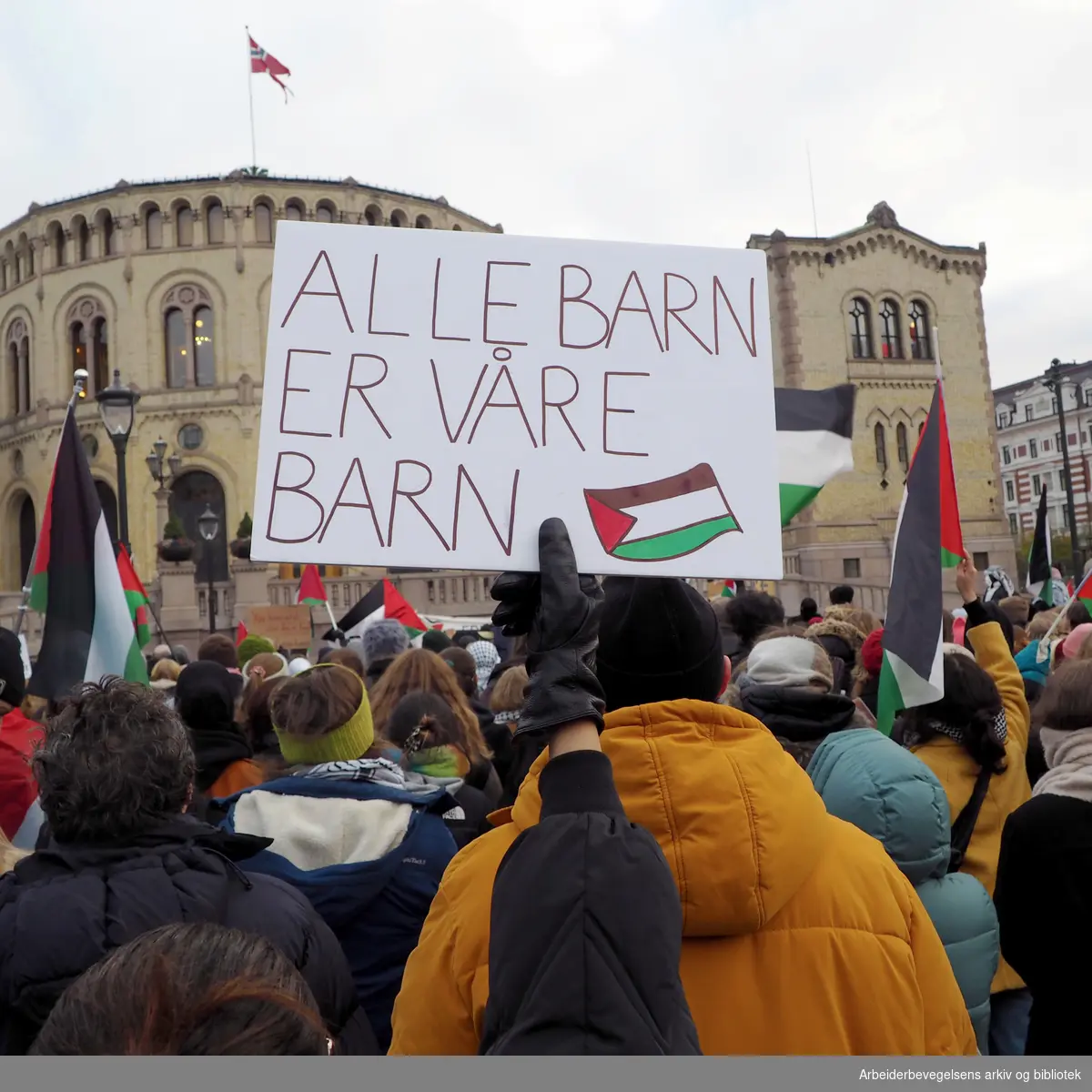 En stor folkemengde har møtt opp og demonsterer for å oppfordre Stortinget til å anerkjenne Palestina som en egen stat.16. novemer 2023. Inne på Stortinget i Oslo foregår det samtidig et valg på dette forslaget. ..