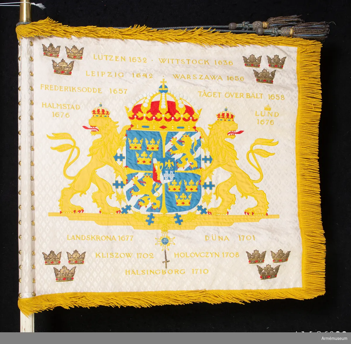 Dubbelsidigt standar av vitt mönstrat siden med applikationsbroderier och flerfärgade broderier i silketråd samt metalltråd i läggsöm. Gula fransar.

På vit duk i mitten stora riksvapnet utan mantel enligt lag om Sveriges riksvapen. I vardera hörnet tre öppna gula kronor ställda två och en. Segernamn i gult vågrätt placerade ovanför och under riksvapnet.
Segernamn:
Lützen 1632 Lund 1676 (under kunglig krona)
Wittstock 1636 Landskrona 1677
Leipzig 1642 Düna 1701
Warszawa 1656 Kliszow 1702
Fredriksodde 1657 Holovczyn 1708
Tåget över Bält 1658 Hälsingborg 1710
Halmstad 1676