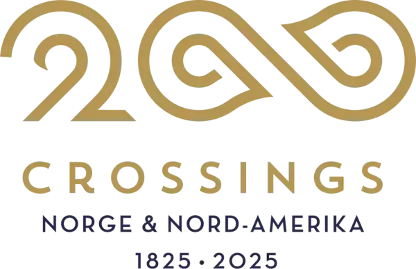 Logo Crossings200, tallet 200 tegnet i gull med liggende 8-tall som 00. Symboliserer den uendelige seilerknuten. Norge - Nord Amerika 1825-2025