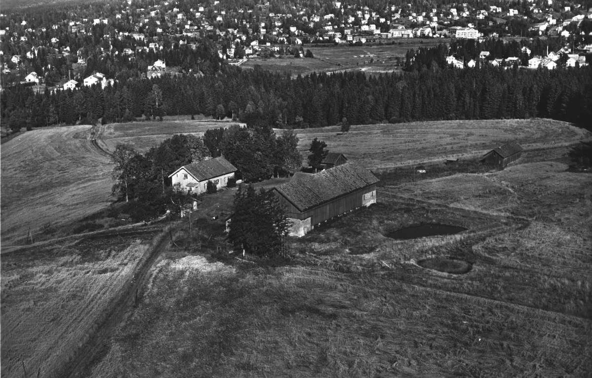 Flyfoto av Torshov gård med gårdsdam.  Fjellhamar i bakgrunnen.