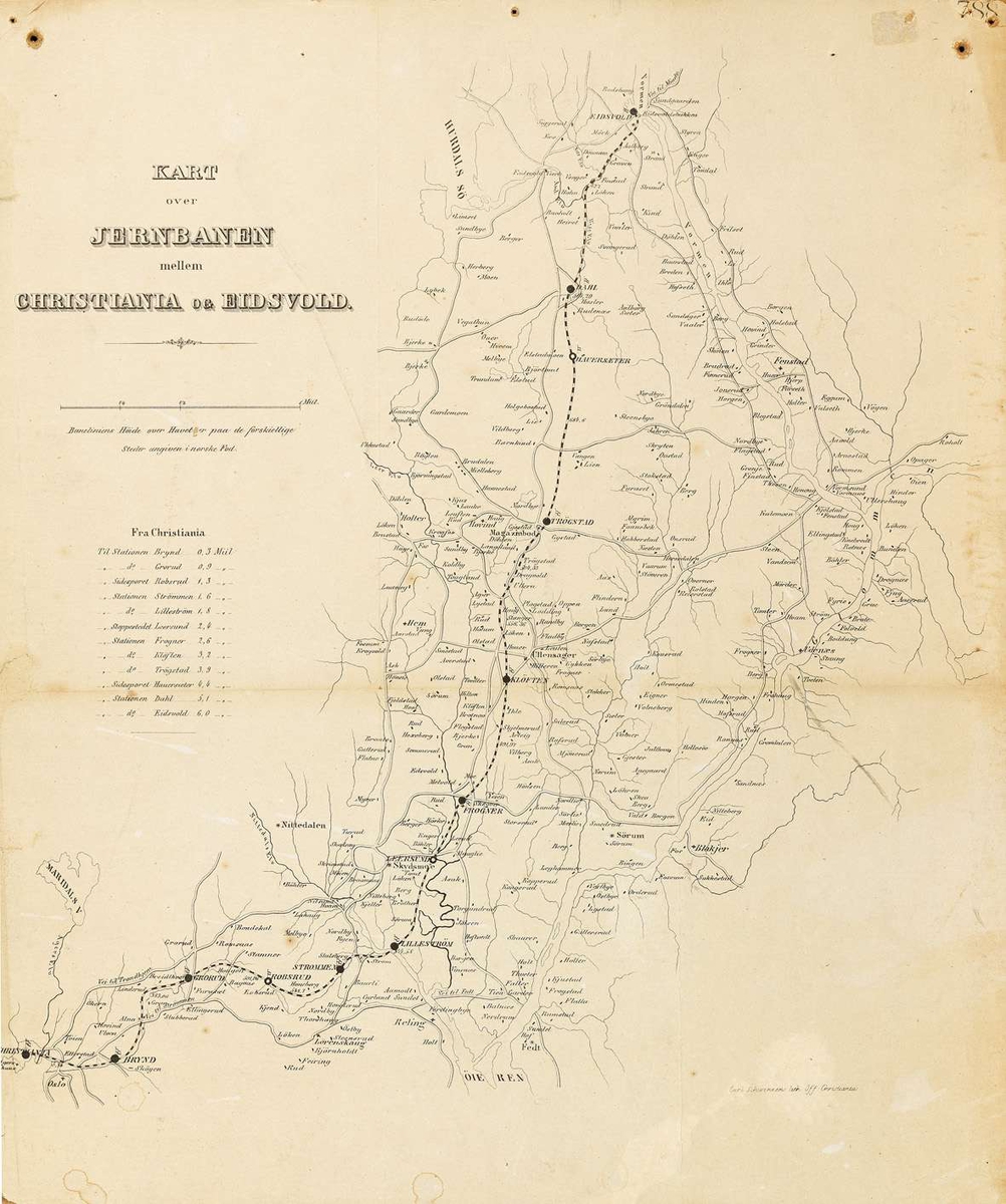 Kart over jernbanelinjen mellom Christiania og Eidsvoll