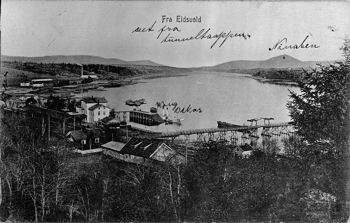 Eidsvoll stasjon en gang etter 1890. Dampskipet Kong Oskar kan sees på bildet.