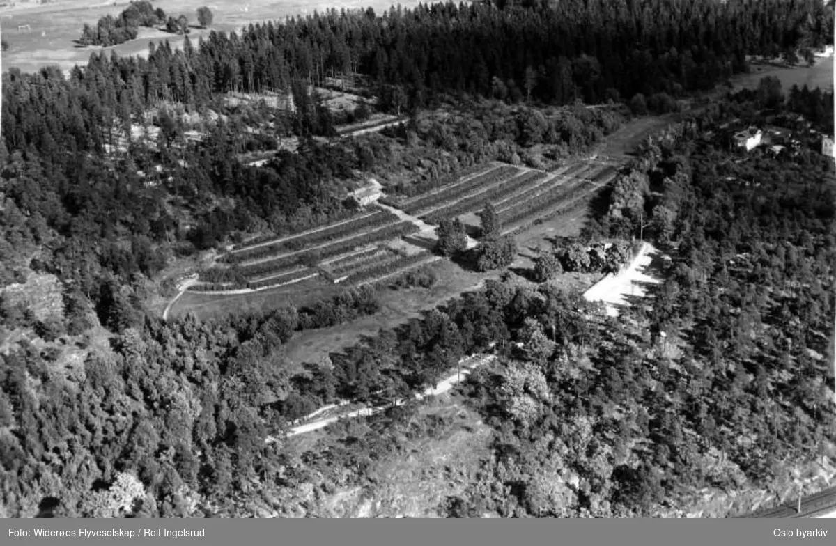 Ekebergåsen, Ekebergsletta, Jomfrubråtveien, krigskirkegård, gravplass for tyske falne (Flyfoto)