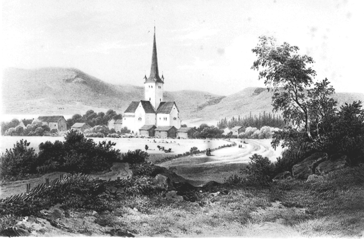 Litografi av Ringsaker kirke med staller og prestegården. Kunstner er Joachim Frich. Utgitt av Chr. Tønsbergs forlag i 1848