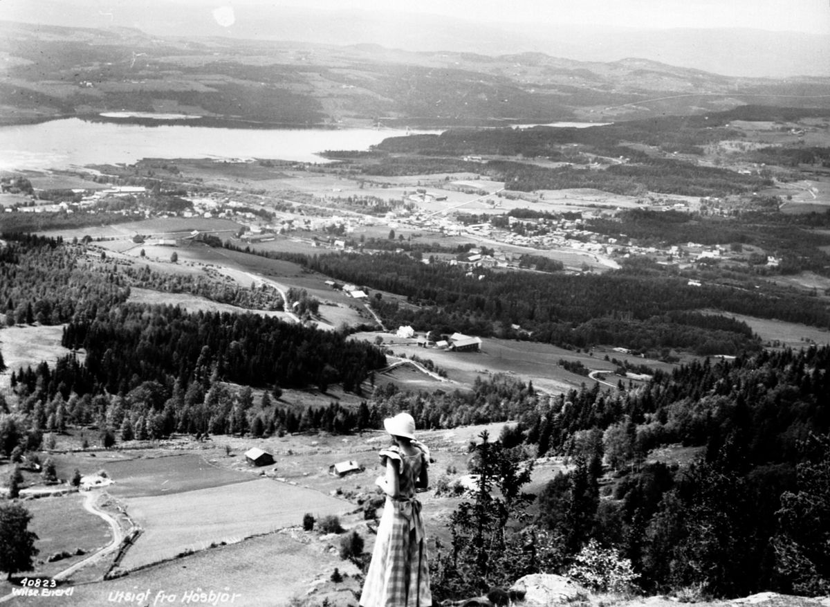 Landskap, utsikt mot Brumunddal fra Høsbjøråsen, dame i forgrunn.