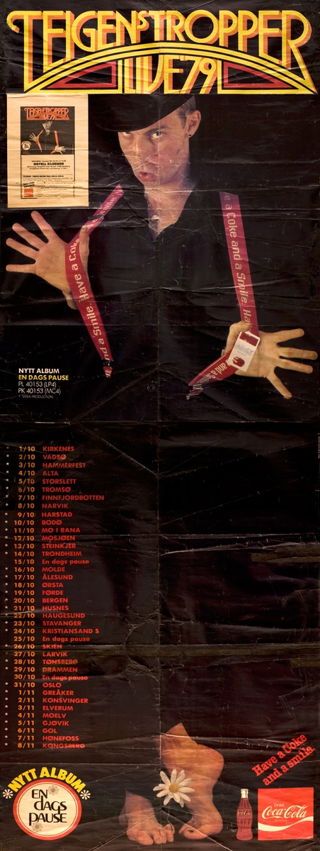 Et flyveblad (14,8 x 21 cm) er tapet på plakatens øvre venstre halvdel, og annonserer konsert på Hotell Klubben i Tønsberg, søndag 28/10-79.