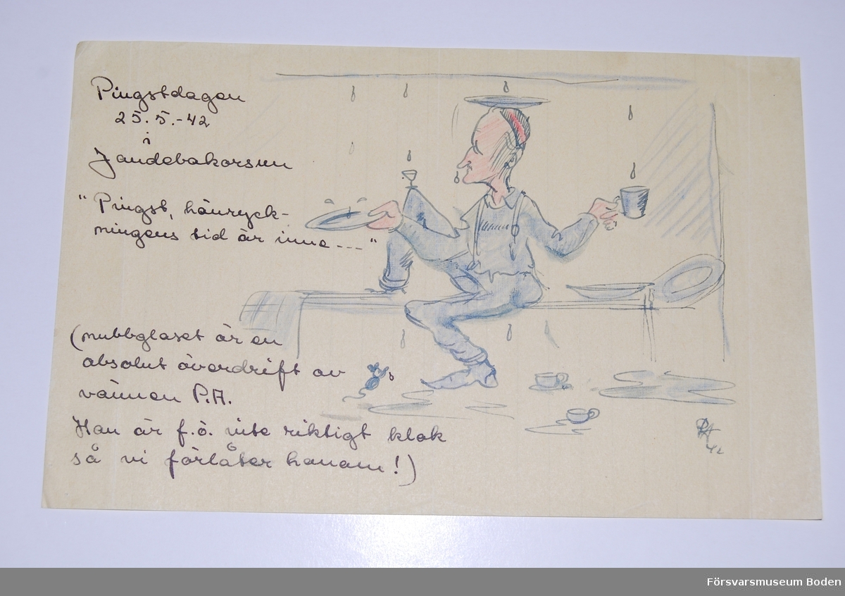 Motiv från Jandebakorsun, tecknat av signaturen P.A. Daterad Pingstdagen 25/5 1942. Linjerat papper från anteckningsblock, storlek 22 x 14 cm.