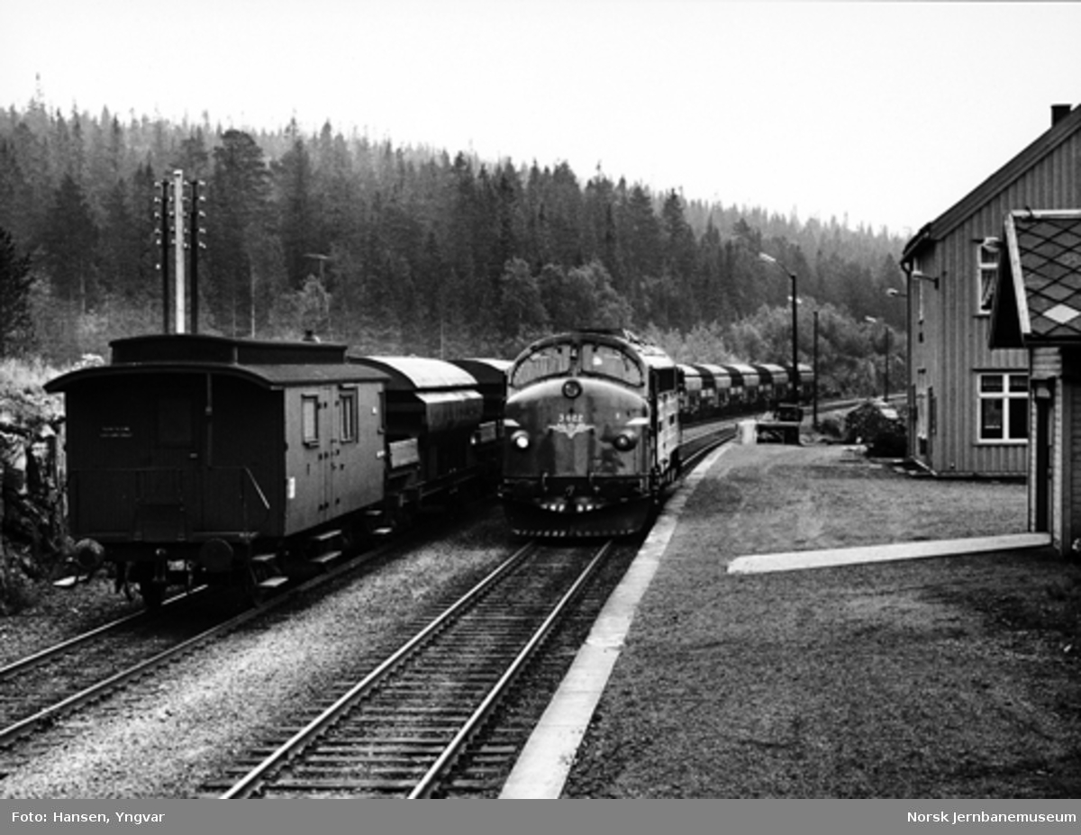Kopperå stasjon med vogner til Meråker smelteverk : diesellokomotivet går rundt