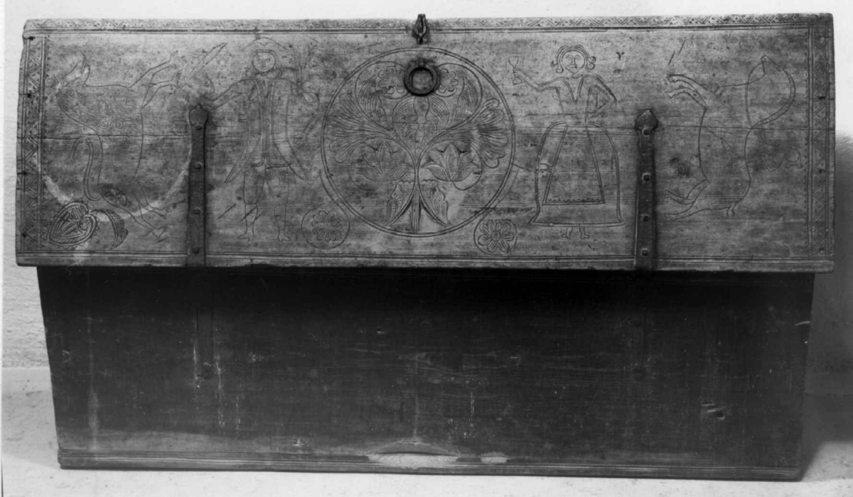 Kiste med flatt lokk og karveskurd på lokk og front. På fronten skåret geometriske figurer og blomster, på lokket skåret en hest, en kvinnefigur, en mannsfigur og en løve.